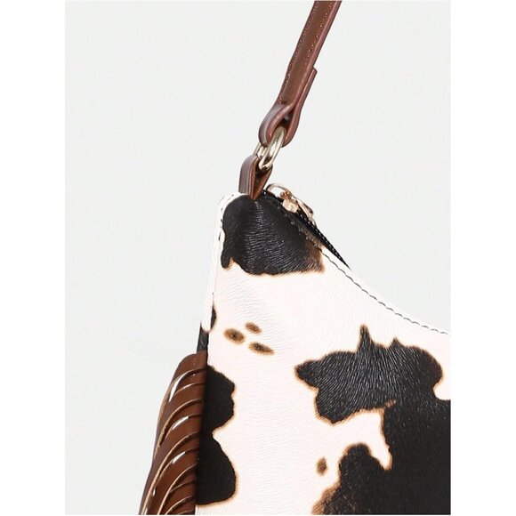 Women's Western Cow Print Fringe Trim Faux Leather Shoulder Bag Zipper Purse - Picture 4 of 6